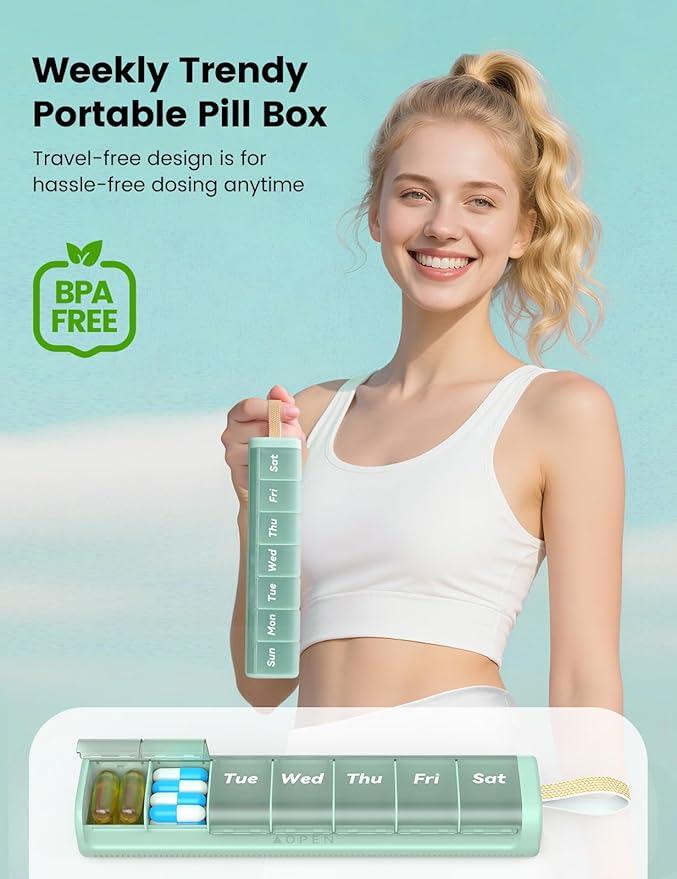 Weekly Medicine Pill Organizer, 7 Day Daily Pill Box Case Travel with Portable Handle, Moisture-Proof Desiccant & Secure Hinges for Vitamins, Medication Supplements