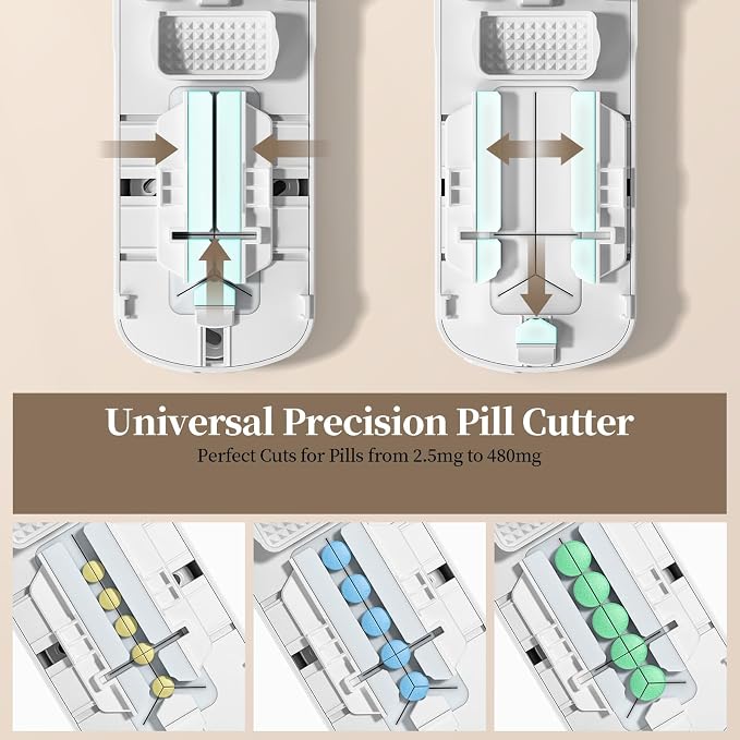 Daviky Pill Cutter Splitter for Small & Tiny Pills, Dual Safety Blades, Adjustable Centering Slot, Precise 1/2 1/3 1/4 Tablet Cutter, Built-in Storage, Portable & Senior-Friendly
