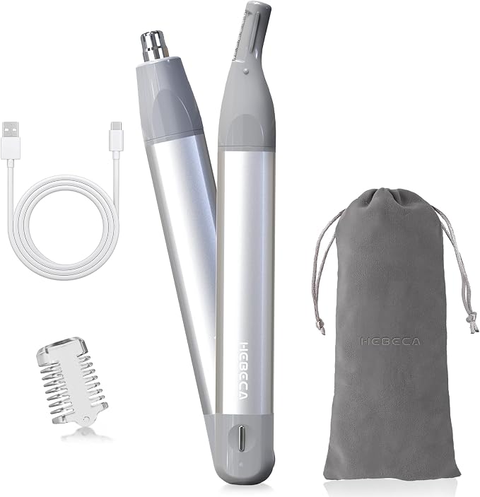 HEBECA Nose Hair Trimmer for Men & Women - 2in1 Rechargeable Ear and Nasal Hair Trimmer, Waterproof Nose Clipper, Electric Eyebrow Trimmer & Facial Hair Remover Grooming Set (Silver Grey)