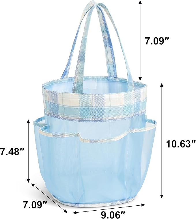 Mesh Shower Caddy Portable, Bathroom Caddy Organizer for College Dorm Essentials, Hanging Shower Tote Bag with 7 Pockets for Beach, Swimming, Gym camping Blue Checkered
