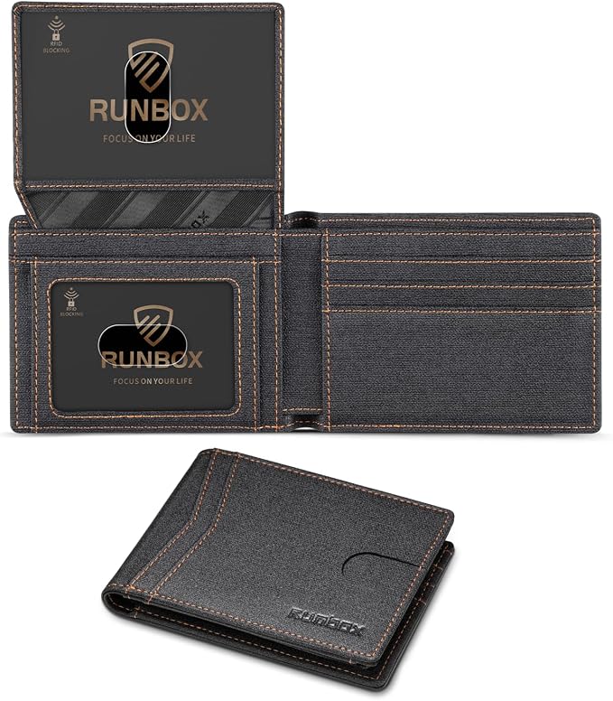 RUNBOX Wallet for Men -Slim Rfid Leather Mens Bifold Novelty Wallets 2 ID Window With Gift Box Men's Accessories | Minimalist Front Pocket Design, Holds 15 Cards, Large Capacity with Cash Pocket,Compact and Thin, Birthday Gifts for Men