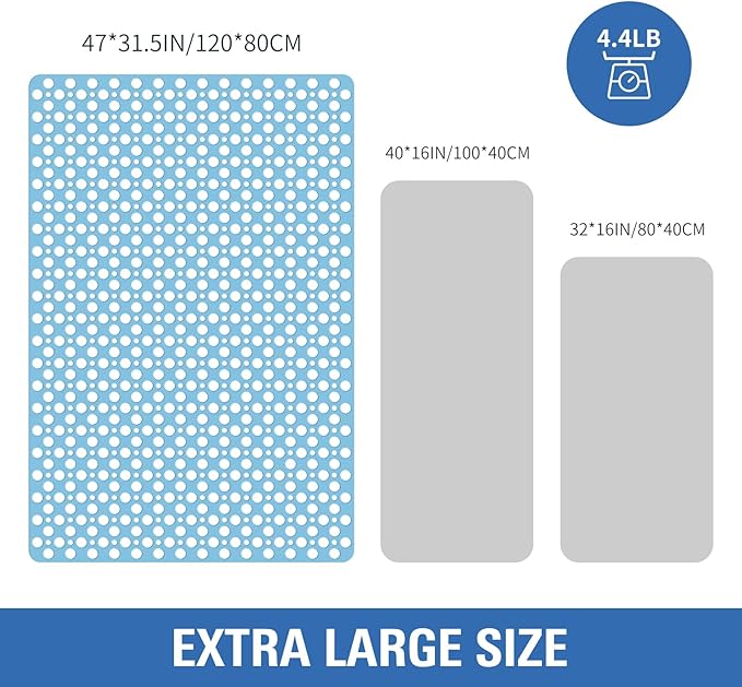 OTHWAY Large Shower Mat, 47"x 32" TPE Anti Slip Shower Mat, Heavy Bath Mats for Shower with Drain Holes Suction Cups, Shower Stall Mat for Bathroom, No Odor Shower Grip Mat for Elderly Kids(L-Blue)