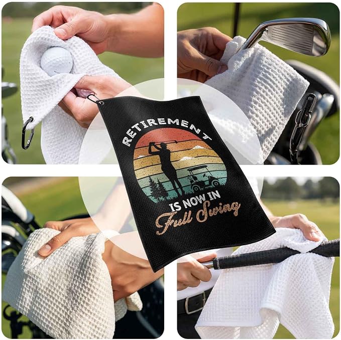Funny Golf Towel with Clip,Golf Bag Accessories for Men,"Retirement is Now in Full Swing"Golf Gifts for Women Mom Grandma Dad,16x24inch Microfiber Golf Towel,Birthday Christmas Retirement Golfer Gifts
