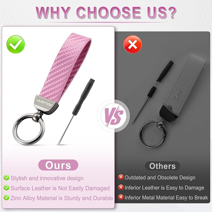 JUSTTOP Leather Keychain, Carbon Fiber Car Key Chain with Anti-Lost D-Ring and 2 Key Ring, Keychain Wristlet, Car Accessories, Universal Keychain for Men and Women (Pink)