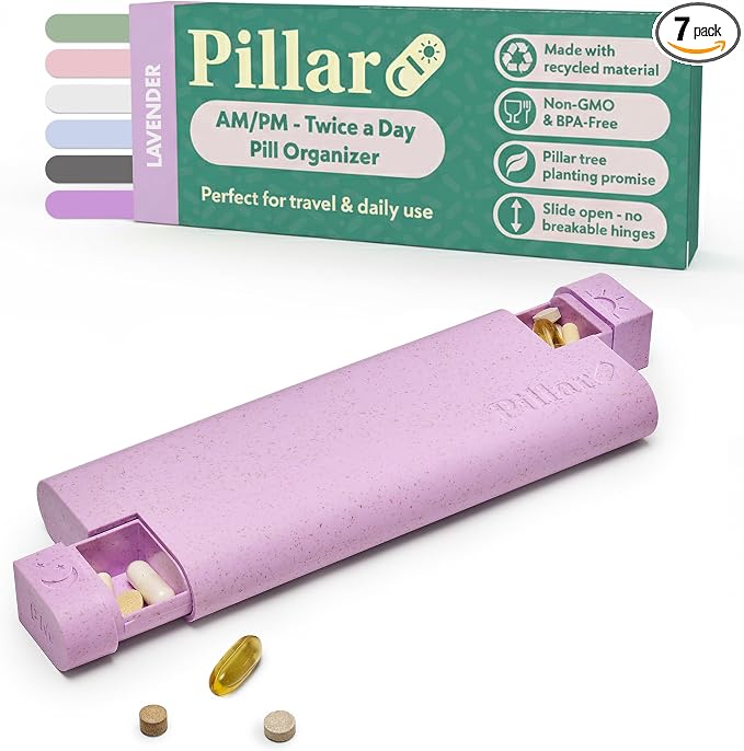 Pillar AM/PM Pill Box Organizer Two Times a Day | Aesthetic 7 Day Tablet Organizer 2 Times A Day | Beautiful Weekly Pill Box for Day and Night Medication (Lavender)