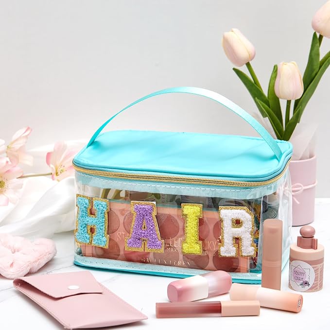 Geetery Chenille Clear Makeup Bag, Green Hair Bag Cosmetic Case Nylon Makeup Portable Preppy Patch with Handle Zipper Toiletry Storage Case Waterproof Pink Hair Patch for Women