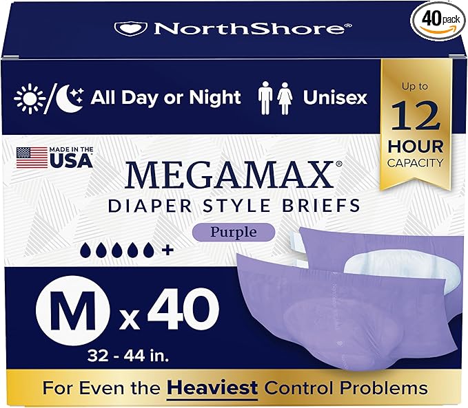 NorthShore MegaMax Made in USA 12-Hour HBL Adult Diapers for Heavy Bladder Leaks, Medium, 40 Count, Purple, 32-44 inches, Tab-Style Incontinence Underwear for Men, Women & Teens