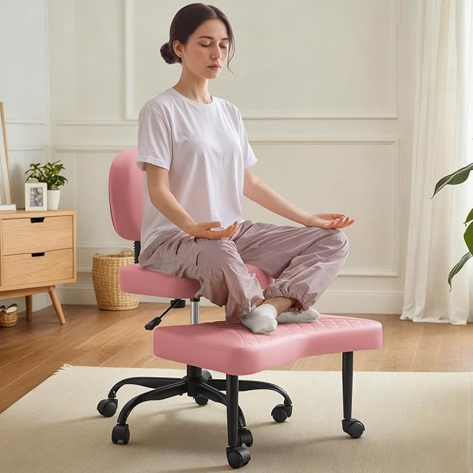 Ergonomic Cross Legged Office Chair with Wheels - Adjustable Height Kneeling Meditation Chairs for ADHD, Yoga & Desk Work - Wide Criss Cross Seat with Lumbar Support, Pink
