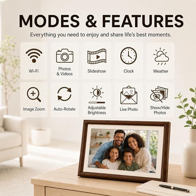 8” WiFi Digital Picture Frame – 100% Real Wood Frame, HD Touchscreen, 16GB Storage, MicroSD/USB-C, Auto-Rotate, App Sharing, Electric Picture Frame Slideshow, Desk & Family Use, Moms Birthday Gifts