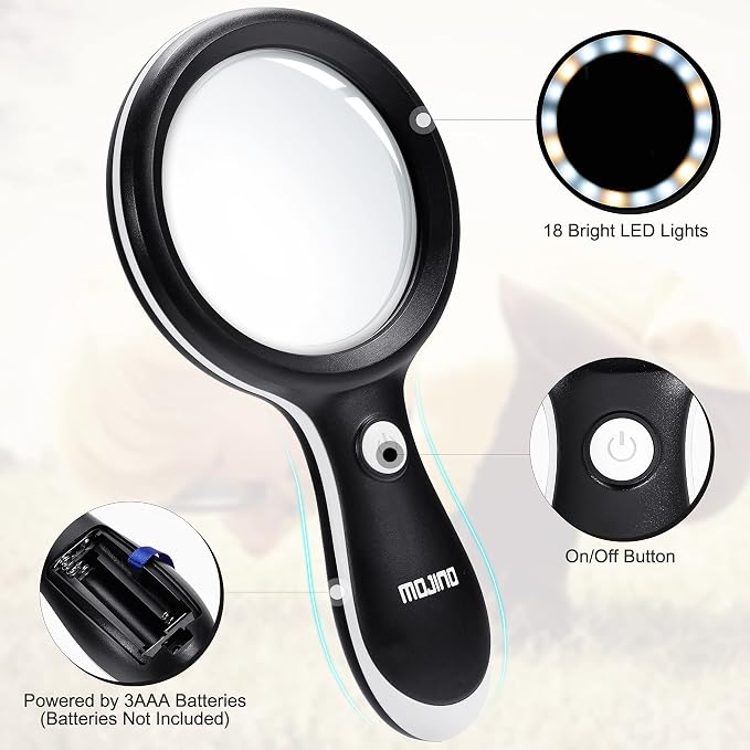 10X Lighted Large Handheld Reading Magnifier Glasses | 18 LED Lights for Macular Degeneration, Seniors & Kids Reading, Inspection, Coins, Jewelry, Exploring