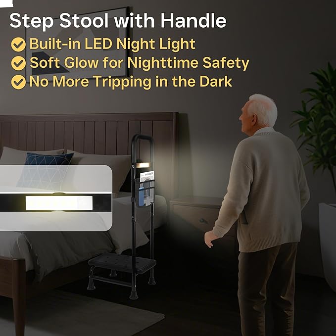 Step Stool with Handle – One Step Foot Stool for Adults, Non-Skid Bed Steps for High Beds, Adjustable Handrail with Night Light & Storage Bag, Safe Step Stool for Seniors & Elderly