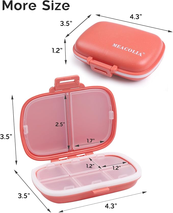 MEACOLIA 2 Pack 8 Compartments Travel Pill Organizer Box Moisture Proof Small Pill Case for Pocket Purse Daily Pill Holder Container for Medicine Vitamin (Dark Blue & Red)