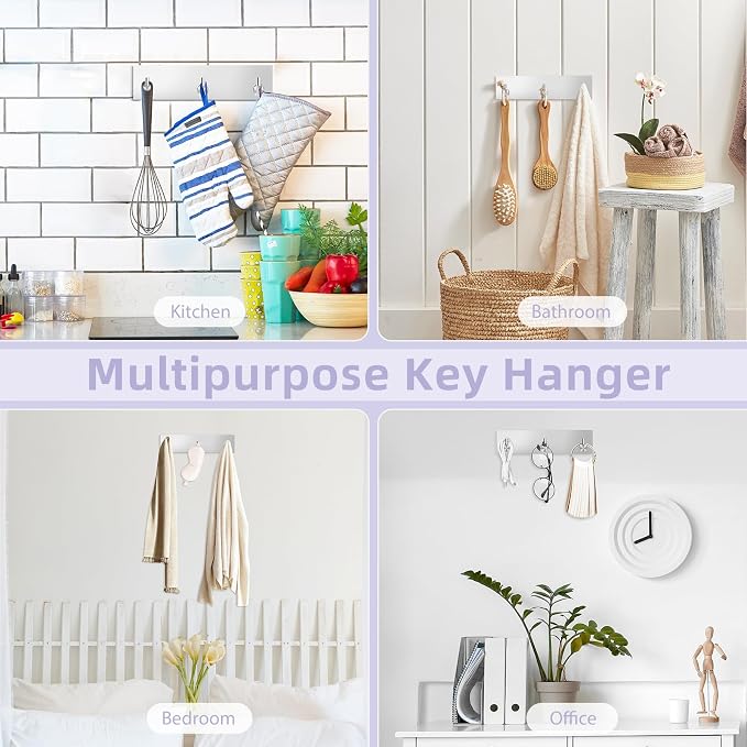 VIS'V Key Holder Wall Mount, Small Adhesive Key Hanger with 3 Hooks, Silver | Metal Material, No Drilling, Extra Adhesive Strip, Suitable for Entryway, Hallway, Doorway, Kitchen, Garage, Camper