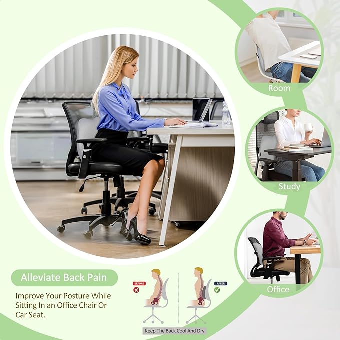 Lumbar Support Pillow Office Chair Car Back Pillow Ergonomic Lower Back Pain Relief Breathable Air Fiber Cushion with Hours Sitting on Worker Driver & Handicapped, Adjustable Strap (Light Gray)