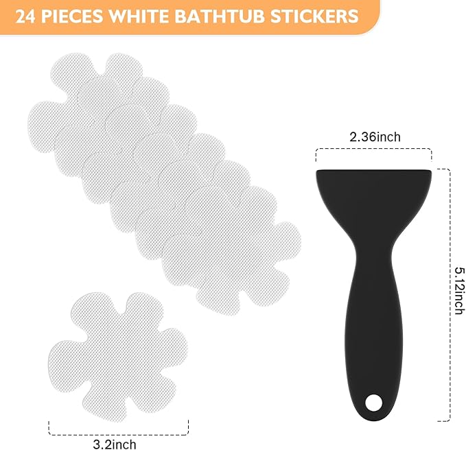 Non Slip Bathtub Stickers, 24 PCS Shower Stickers for Safety Bathroom Tubs, Bathtub Non Slip Stickers and Adhesive Decals Scraper for Bath Tub, Shower Floor, Stairs, Ladders(Flower Shape, Clear)