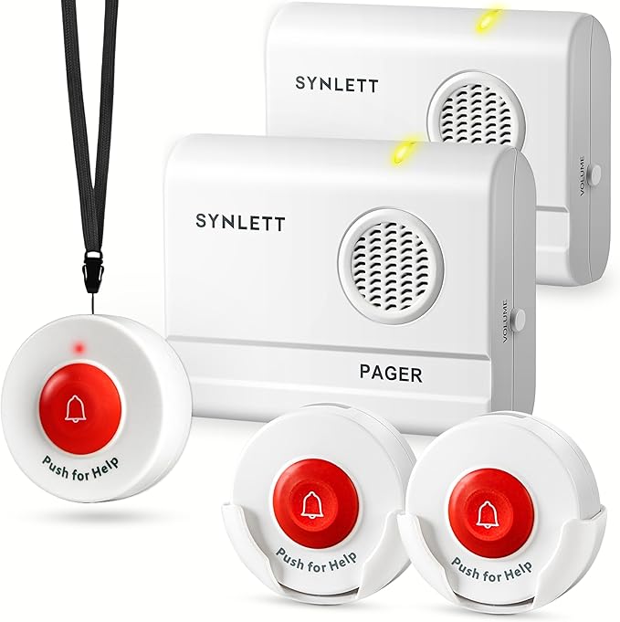 Caregiver Pager Wireless Nurse Call Button for Elderly Home Monitoring Alert System Portable Alarm Bell Seniors Patients Emergency 3 Call Buttons, 2 Pagers