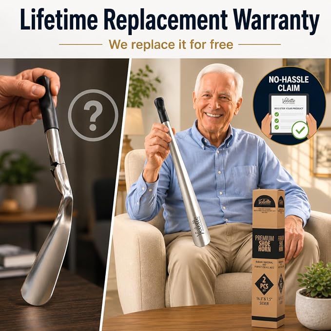 Velette 2 Pack Metal Shoe Horn Long Handle for Seniors - 16.5" Extra Long Shoe Horn for Seniors, 7.5" Travel Shoes Horns for Men, Women, and Kids - Shoehorn Long-Handle, Shoes Spoon, Gifts for Elders | 16.5 in + 7.5 in Travel Size, Shoehorn Fits Boots ...