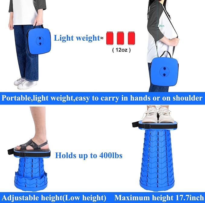 Fishboy Upgraded Collapsible Stool, 400lbs Max Weight, Lightweight But Sturdy, Portable Retractable Folding Telescoping Foldable Camping Stool for Adults Outdoor Fishing Hiking BBQ
