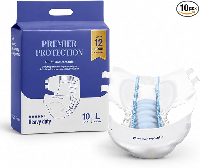 Adult Incontinence Briefs Tab Style, Heavy Absorbency with Wetness Indicator, Refastenable Tabs, Breathable & Soft, Men and Women, Medium & Large, 10 Count