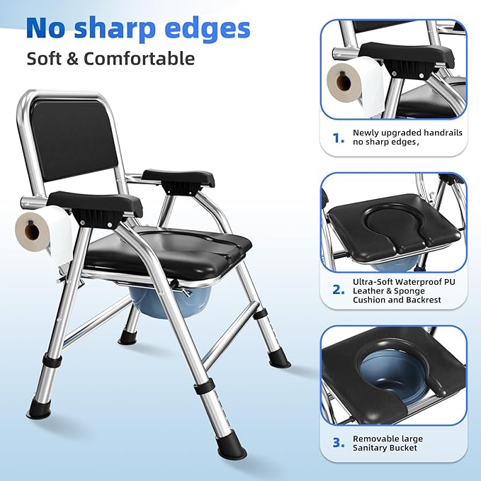 4 in 1 Folding Bedside Commode Chair for Elderly with Arms and Back,Adjustable Height Raised Toilet Seat with Handles,Adults Potty Chair for Seniors,Disabled and Pregnant (with Paper Roll Holder)