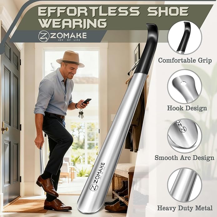ZOMAKE Shoe Horn Long Handle for Seniors Men Women,Metal Long Shoehorn for Boots,16.5" Shoe Spoon Helper