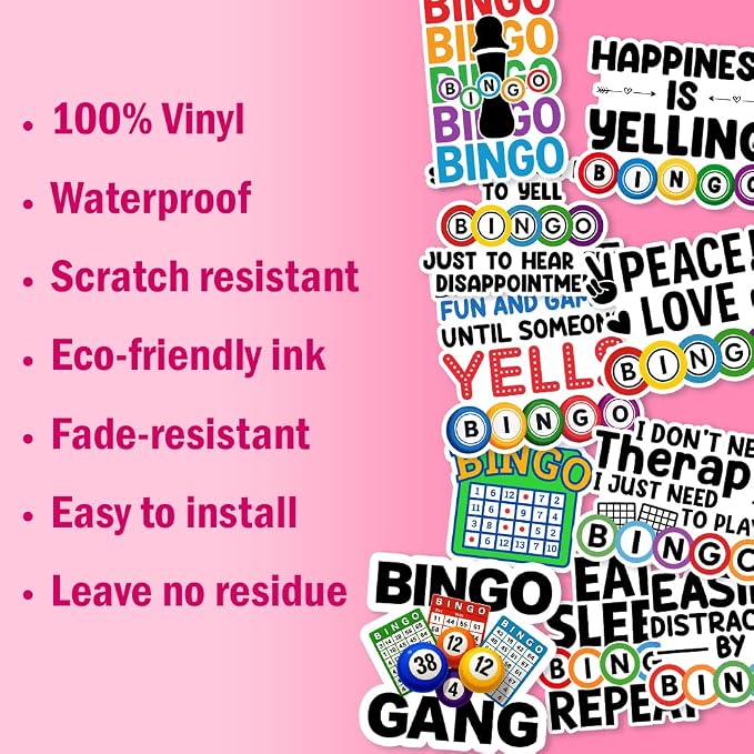 (10Pcs-3in) Funny Bingo Games Sticker Pack, Bingo Prizes Sticker for Player Caller, Gift for Senior Adult, Decoration for Laptop Tablet Kindle Scrapbook Water Bottle Helmet Vehicles Bumper