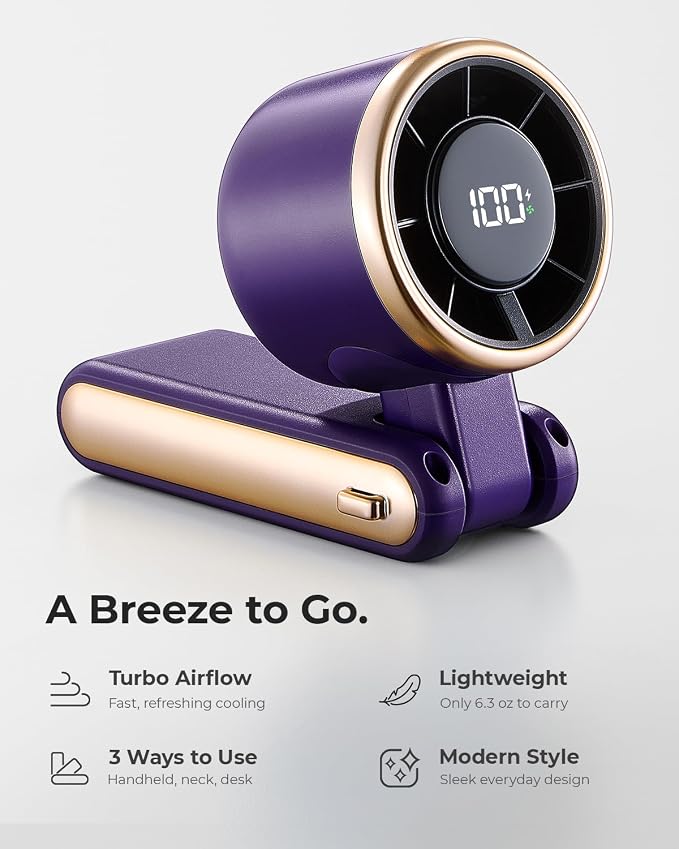 Portable Handheld Turbo Fan - 5 Gear High Speed 4000mAh Rechargeable Mini Personal Hand Fan Blow Cold Air, Battery Operated Travel Essentials, Beach Vacation, Gifts for Women, Men (Purple)