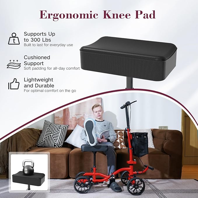 Lightweight Knee Scooter Crutch Alternative, Foldable & Adjustable Knee Scooter for Adults for Foot Surgery, Steerable Knee Walker with Detachable Storage Basket, Includes DIY Stickers-Hot Red