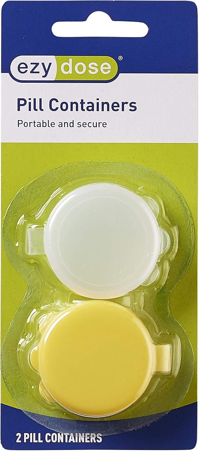 EZY DOSE Daily Round Pocket Pharmacy, Portable On-The-Go, Pill Box, Organizer and Vitamin Containers, Snap Shut Lids, Perfect For Traveling, Colors May Vary, 2 Pack, BPA Free