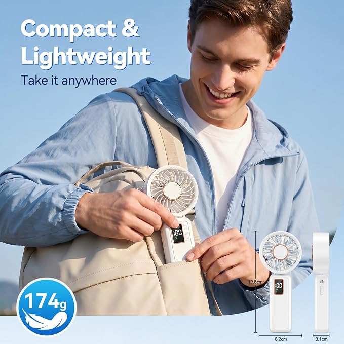 Handheld Fan, 5 Speed & 14H Cooling Time Portable Fan, 6000mAh USB Rechargeable Mini Fan with LED Display, Powerful but Quiet, Foldable Desk Fan, Lanyard for Neck Fan, Personal Fan for Travel/Office