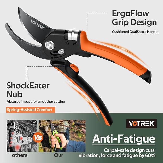 VOTREK® Pruning Shears, [Patented Stepless Handle Opening] - Garden Clippers with Ultra-Sharp SK5 Steel for Weak Hand, Pruners Universal Fit for All Hand Sizes, Effortlessly Cuts 1-Inch Branches
