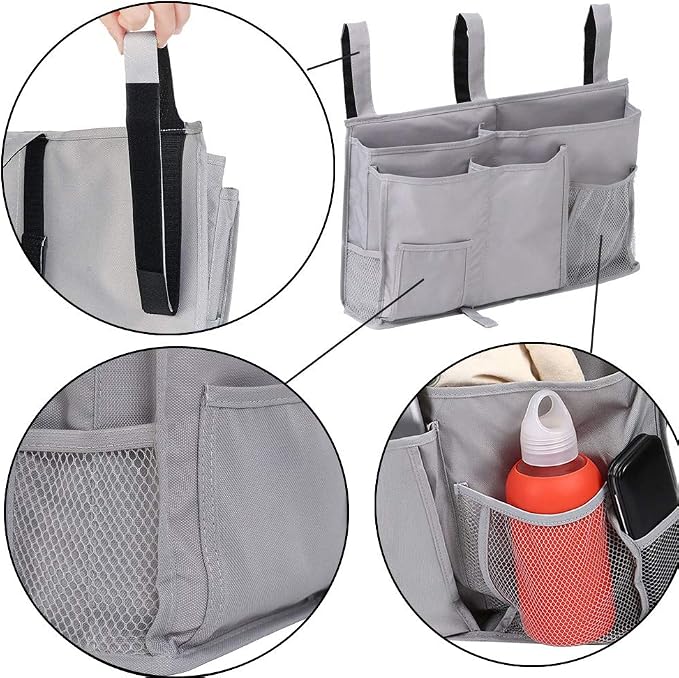 Bunk Bed Organizer - Bedside Storage Caddy with Pocket, Hanging Organizer for Camp, Dorm, Room, Hospital Bed Rail and More (Grey)