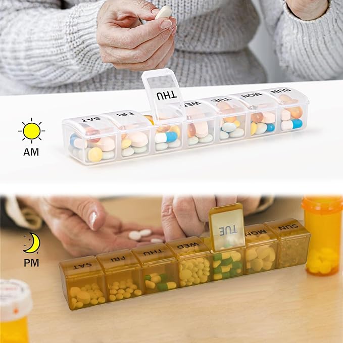 2 Pack Weekly Pill Organizer, Large 7 Day Pill Case, Daily Vitamin Case Medicine Box, AM/PM Pill Containers for Medicine Supplements Fish Oil (White & Khaki)
