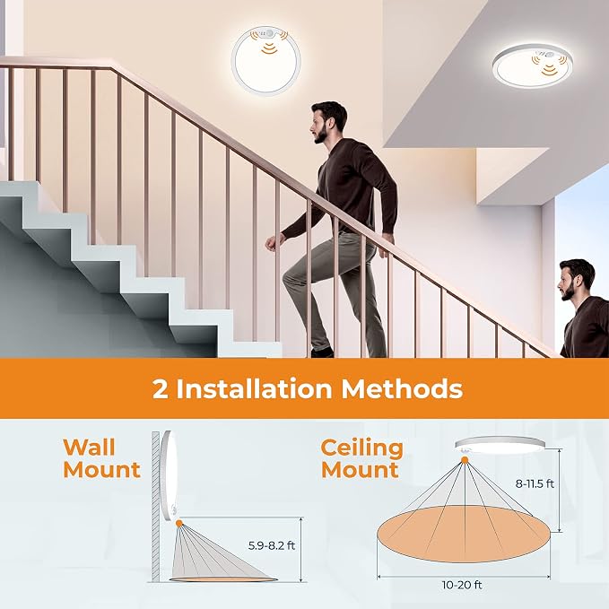 2Pack Motion Sensor LED Ceiling Light, 12 Inch Wired Flush Mount Ceiling Light 3000K 4000K 5000K, Motion Activated Light with Timer for Hallway Stair Walk-in Closet, Non-Dimmable