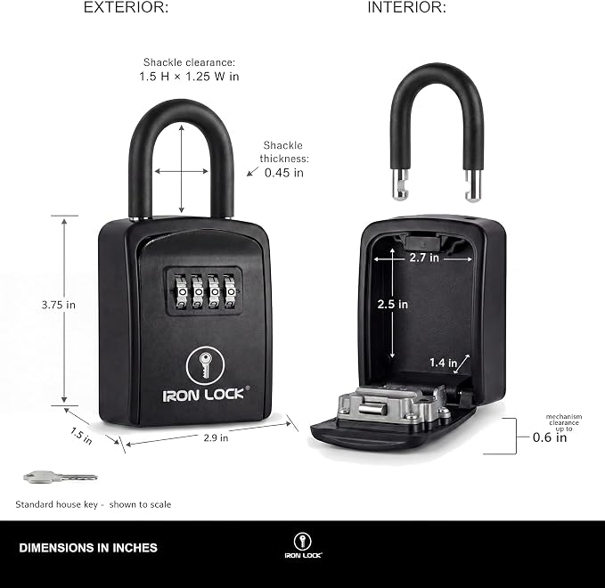 Iron Lock® Small Portable Key Lock Box with Code, U-Shackle (Small, Black) | U-shackle opens fully out to loop over a handle, gate, latch or rail; rolling combination dials, no app, no battery