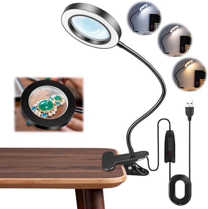 Akynite 10X Magnifying Glass with Light for Crafts, 3 Color+9 Brightness | Hands Free, Flexible Gooseneck, USB, No Adapter, Dimmable, 58 LED, 2 in 1 Magnifier Desk Lamp for Reading DIY Repair
