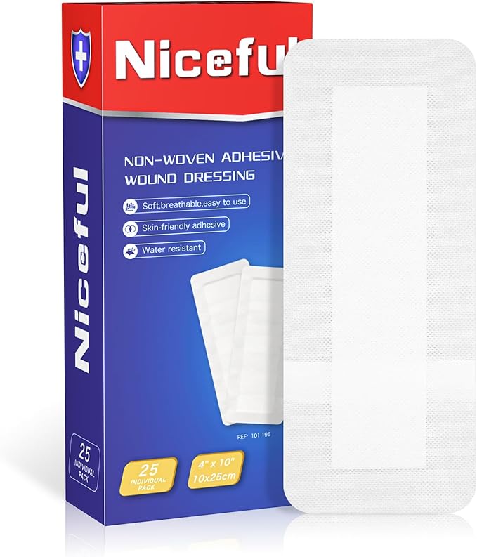 Niceful 25Pcs Island Dressing Bordered Gauze 4"x10", Water-Resistant Large Adhesive Bandages, Absorbent Wound Dressing Pads Bandages Large Wound Care
