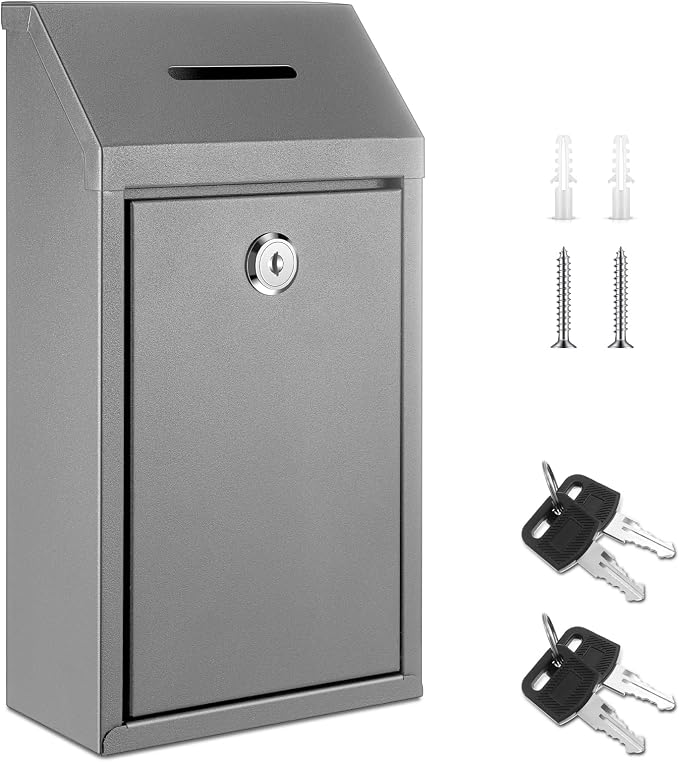 Yaocom Metal Money Box,Gray,10.24 x 5.71 x 2.95 Inch,No Lid | Wall Mounted Drop Donation Cash Box for Farm Stand Collection Safe Suggestion Box with Lock Container for Home Office Outdoor