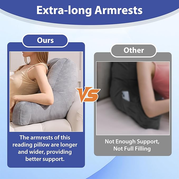 Reading Pillows for Sitting in Bed Adult, Back Pillow for Bed Sitting Up, Backrest Pillows with Shredded Foam for Adult&Teens, Support Pillow with Arms for Beds, Couch, Floor, 18in, Grey