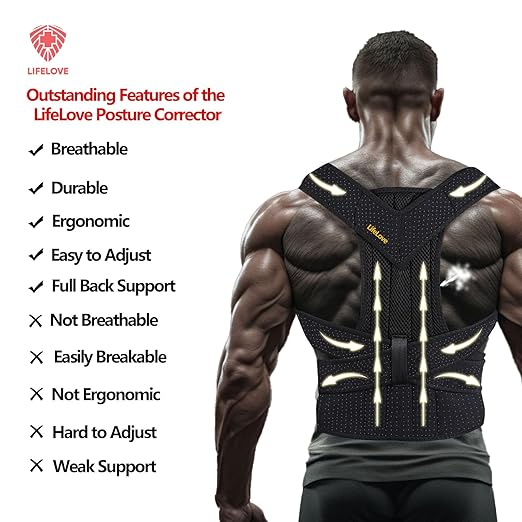 LifeLove Adjustable Posture Support Brace for Upper Back & Shoulders, Fits Height Under 200cm & Waist Under 120cm (Shoulder 105cm, Waist 115cm, Back 40cm), One Size (Black Blue, One Size Fits Most)