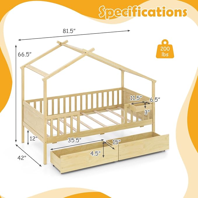 Giantex Twin House Bed with Drawers, Wooden Twin Bed Frame with Cube Storage & Fence Rails, Montessori Beds for Kids Boys, Girls, Bedroom, Living Room, No Box Spring Needed, Natural