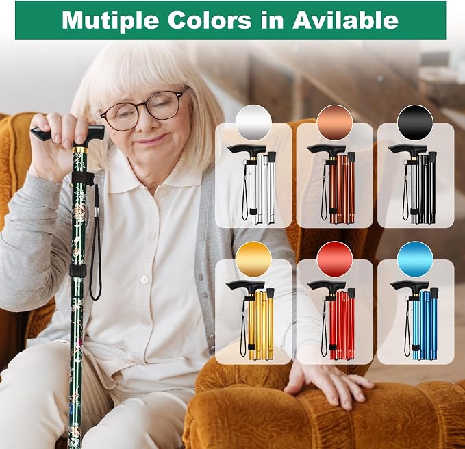 MFE Folding Cane, Portable 5-Level Adjustable Height Walking Stick with Foldable Design, Wrist Strap, and T Handle for Men and Women