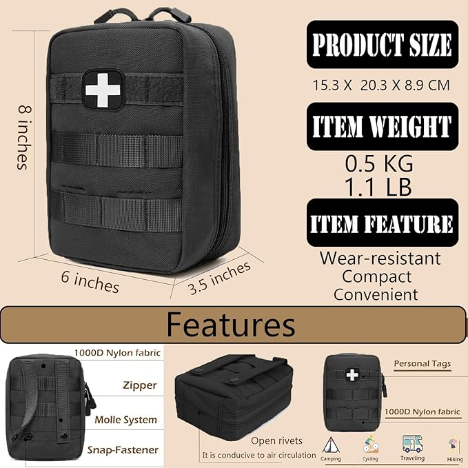 First Aid Kit EMT Medical IFAK Pouch Molle Tactical Med Emergency Bag Black | Molle Tactical Trauma Utility Emergency Kits for Camping Home Car Hiking Hunting