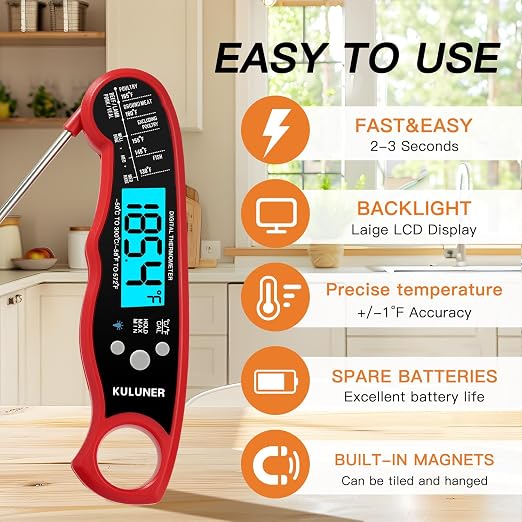 Instant Read Meat Thermometer, Digital Food Thermometer with 4.6" Folding Probe, IP67 Waterproof, Backlight & Calibration, 2-3s Fast Reading for Kitchen Grilling BBQ Cooking Candy - Red