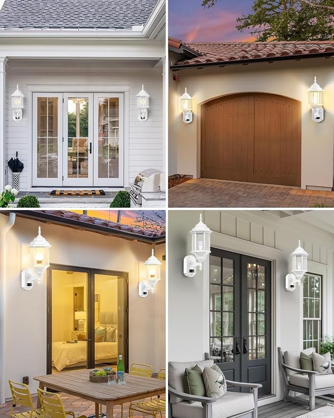 Redluck Motion Sensor Outdoor Wall Light Fixtures, 2 Pack Outdoor Wall Lamp | Dusk to Dawn, Anti-Rust, Waterproof Aluminum Frame, Tempered Glass & Classic Exterior Porch Lights for House Garage, White