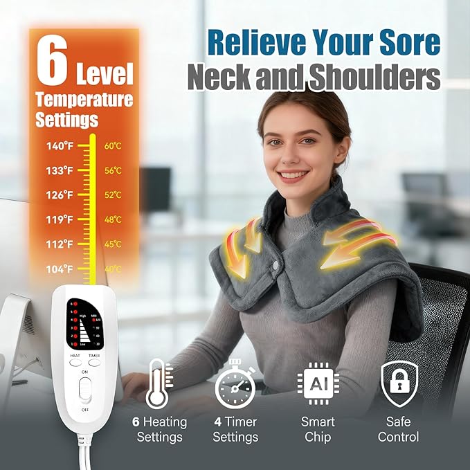 Weighted Heating Pad for Neck & Shoulders - 6 Heat Settings, 4 Timers, Auto Off - Electric Heating Pad for Back Pain Relief - Gift for Women/Men, Mom/Dad, Birthday, Christmas