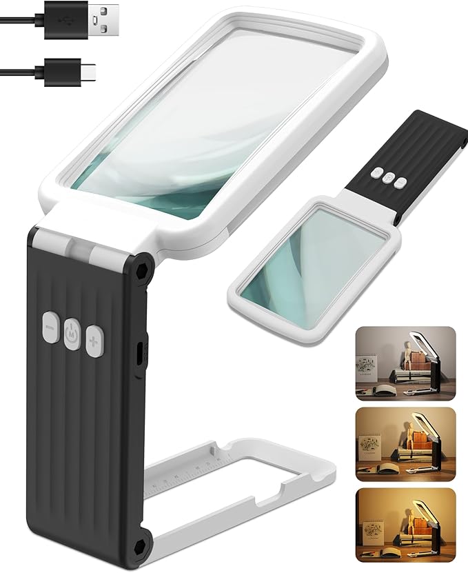 15X Magnifying Glass with Light and Stand, Rechargeable Folding Handheld Real Glass Magnifier, 3 Color Modes Dimmable Lighted Page Magnifying Sheet for Seniors Low Vision Small Prints