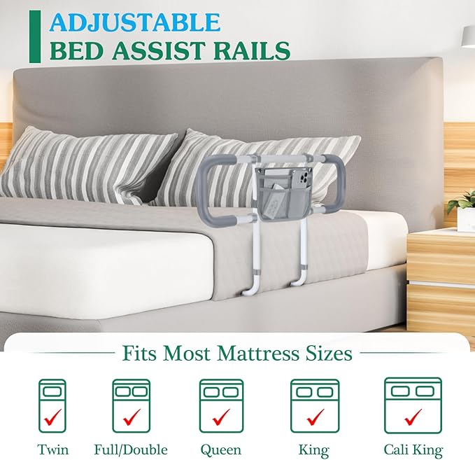 Bed Rails for Elderly Adults Safety - Extended Bed Assist Rail for Seniors - Adjustable Beds Side Rails Handle Support Bar Bed Guard with Storage Bag & Fixing Strap, Fit King Queen Full Twin Beds