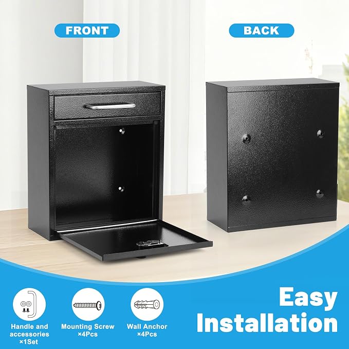 KYODOLED Wall Mount Mailbox for Outside, Combination Lock, Large, Black | Sturdy Steel, Anti-theft Large Drop Box, Ideal for Home, Office, School Daily Mail/Key/Cash Storage, 12H" x 10.5L" x 4.6W"