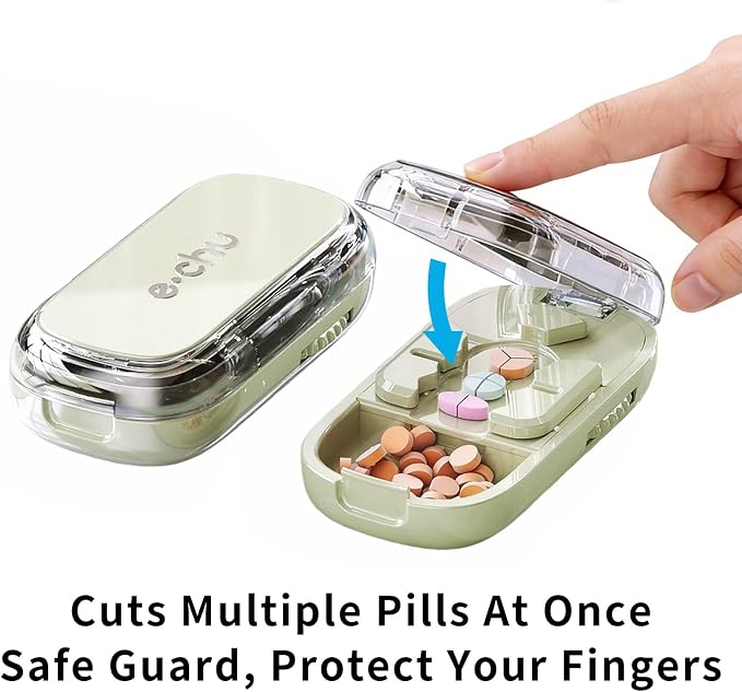 Pill Cutter Splitter for Small and Tiny Pills - Adjustable Pill Cutter for 1/2 1/3 1/4 Quarter Split, Built-in Pill Case for Travel, Pocket, Safe for Medication, Not for Large Hard Vitamins (Green)